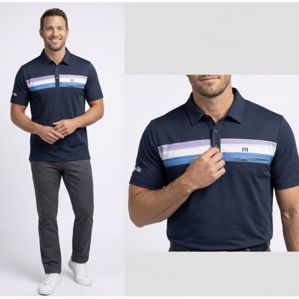 Travis Mathew Mens Polo Shirt Large Navy Striped Gen Re Logo Golf Performance